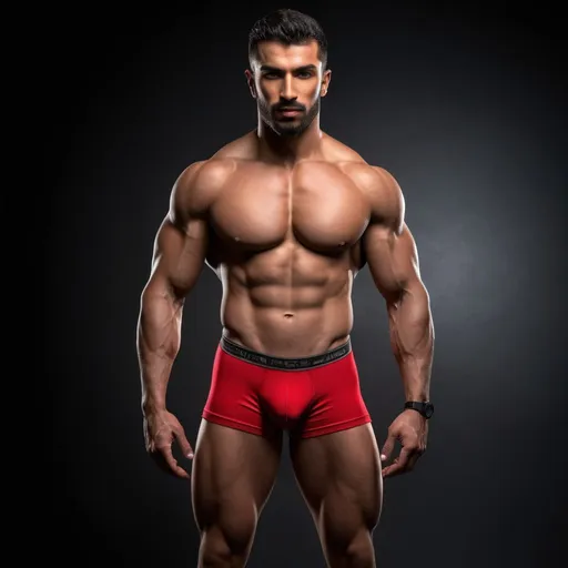 Prompt: Photorealistic image of the entire body of an Arabic type male fitness model with 9% body fat wearing tight red bodybuilder posing briefs, his body constitution is a mesomorph athletic body, detailed muscles, strong legs and strong calves, detailed facial features HDR, high-quality, kind slightly smle expression with light beard, dramatic lighting, high resolution, HDR lighting. 

The backdrop is a studio set in a dark background with dramatic lighting, captured as if through the lens of a professional camera, utilizing settings that promise a clear, yet softly blurred background—ƒ/1.4, 85mm focal length, with an exposure of 1/800 and ISO set at 200. Ensuring the subject remains the focal point. The lighting and composition should echo the quality and intention of a high quality professional portrait, blending authenticity and ultra high quality resolution.


