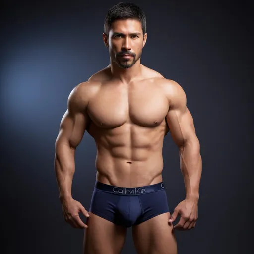 Prompt: Capture a Mexican-type adult male fitness model in his early thirties, in a high quality photorealistic professional photo. He has short hair framing a light bearded face. Light skin.

We can see his full body, standing relaxed, he is wearing a navy blue low brief Calvin Klein underwear. We can see detailed muscles, defined pectoral muscles and strong legs

The backdrop is a studio set with dramatic lighting, captured as if through the lens of a professional camera, utilizing settings that promise a clear, yet softly blurred background—ƒ/1.4, 85mm focal length, with an exposure of 1/800 and ISO set at 200. Ensuring the subject remains the focal point. The lighting and composition should echo the quality and intention of a high quality professional portrait, blending authenticity and ultra high quality resolution.