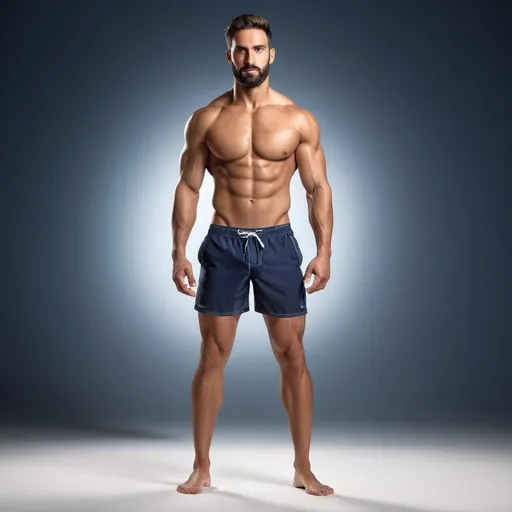 Prompt: Full body photorealistic image of Spaniard-arabic type male fitness model in navy blue swimsuit trunks, HDR, high-quality, kind expression with light beard, dramatic lighting, mesomorph athlete body, detailed muscles, strong legs and strong calves, detailed facial features, high resolution, HDR lighting

The backdrop is a studio set with dramatic lighting, captured as if through the lens of a professional camera, utilizing settings that promise a clear, yet softly blurred background—ƒ/1.4, 85mm focal length, with an exposure of 1/800 and ISO set at 200. Ensuring the subject remains the focal point. The lighting and composition should echo the quality and intention of a high quality professional portrait, blending authenticity and ultra high quality resolution.


