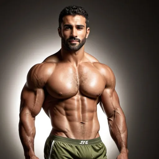 Prompt: Photorealistic image of handsome muscular Arab hunk with short light beard, very detailed facial expression, kind looks and slightly smiling, short hair, light hairy body, in his early 30's, light hairy chest, light hairy abs, hairy forearms, masculine, high quality, detailed muscles wearing olive green short brief underwear. Strong pectoral muscles, strong legs and strong calves. Athletic body, mesomorph body constitution.

The backdrop is a studio set in a light background with a dramatic lighting. Lens: 24mm. Type: wide-angle. Angle: eye level. Filter: urban grunge. Time: night. Season: spring.
