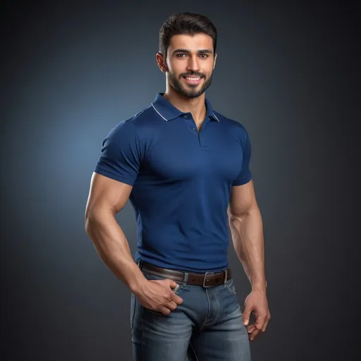 Prompt: Photorealistic image of the entire body from head to toes of an Arabic-Spaniard type male fitness hunk with 9% body fat posing in a blue slim fit polo shirt and jeans. His body constitution is an mesomorph athletic body, detailed muscles, strong pectoral muscles, strong legs and strong calves, highly detailed facial features HDR, high-quality, kind slightly smile expression with light beard, dramatic lighting, high resolution, HDR lighting. 

The backdrop is a studio set in a light background with dramatic lighting, captured as if through the lens of a professional camera, utilizing settings that promise a clear, yet softly blurred background—ƒ/1.4, 85mm focal length, with an exposure of 1/800 and ISO set at 200. Ensuring the subject remains the focal point. The lighting and composition should echo the quality and intention of a high quality professional portrait, blending authenticity and ultra high quality resolution.


