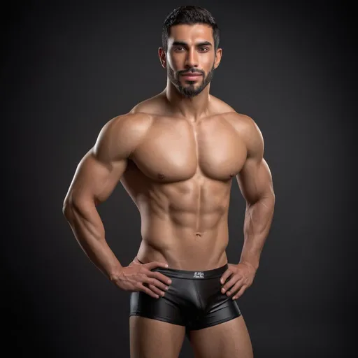 Prompt: Photorealistic image of the entire body from head to toes of an Arabic-Mexican-Spaniard type male fitness hunk model with 9% body fat wearing tight black swimming briefs, his body constitution is a mesomorph athletic body, detailed muscles, strong legs and strong calves, detailed facial features HDR, high-quality, kind slightly smle expression with light beard, dramatic lighting, high resolution, HDR lighting. 

The backdrop is a studio set in a dark background with dramatic lighting, captured as if through the lens of a professional camera, utilizing settings that promise a clear, yet softly blurred background—ƒ/1.4, 85mm focal length, with an exposure of 1/800 and ISO set at 200. Ensuring the subject remains the focal point. The lighting and composition should echo the quality and intention of a high quality professional portrait, blending authenticity and ultra high quality resolution.


