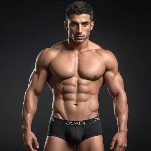 Prompt: Photorealistic image of an arab type male fitness model in black calvin klein type briefs 8k, HDR, high-quality, kind expression, professional, dramatic lighting, athlete mesomorph body, detailed muscles, strong legs, detailed facial features, high resolution, HDR lighting