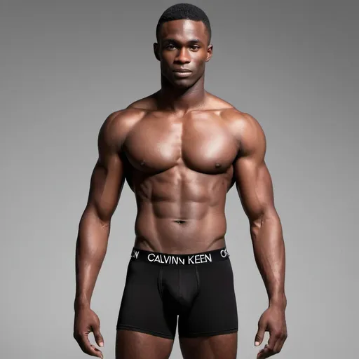 Prompt: full body picture male fitness nigerian mesomorph type model in black calvin klein type briefs
