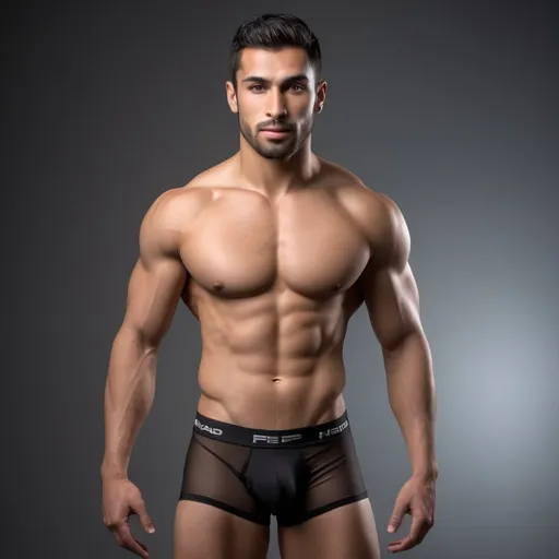 Prompt: Photorealistic image of the entire body from head to toes of an Arabic-Mexican-Spaniard type male fitness hunk model with 9% body fat wearing tight black underwear briefs, his body constitution is a mesomorph athletic body, detailed muscles, strong legs and strong calves, detailed facial features HDR, high-quality, kind slightly smle expression with light beard, dramatic lighting, high resolution, HDR lighting. 

The backdrop is a studio set in a dark background with dramatic lighting, captured as if through the lens of a professional camera, utilizing settings that promise a clear, yet softly blurred background—ƒ/1.4, 85mm focal length, with an exposure of 1/800 and ISO set at 200. Ensuring the subject remains the focal point. The lighting and composition should echo the quality and intention of a high quality professional portrait, blending authenticity and ultra high quality resolution.


