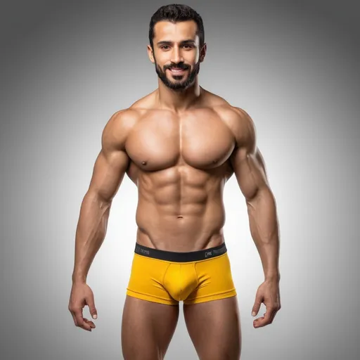 Prompt: Photorealistic image of the entire body from head to toes of an Arabic-Spaniard type male fitness hunk model with 9% body fat posing tight yellow diver competition briefs, his body constitution is an ectomorph athletic body, detailed muscles, strong pectoral muscles, strong legs and strong calves, highly detailed facial features HDR, high-quality, kind slightly smile expression with light beard, dramatic lighting, high resolution, HDR lighting. 

The backdrop is a studio set in a light background with dramatic lighting, captured as if through the lens of a professional camera, utilizing settings that promise a clear, yet softly blurred background—ƒ/1.4, 85mm focal length, with an exposure of 1/800 and ISO set at 200. Ensuring the subject remains the focal point. The lighting and composition should echo the quality and intention of a high quality professional portrait, blending authenticity and ultra high quality resolution.


