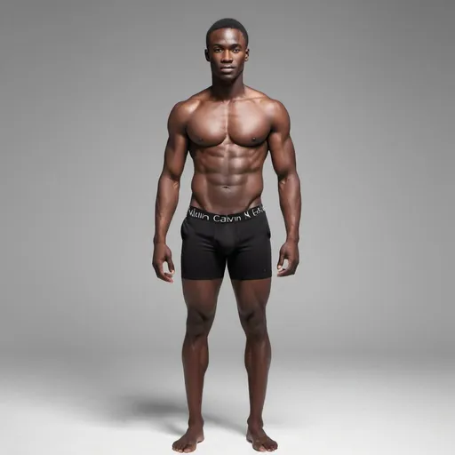 Prompt: full body picture male fitness nigerian mesomorph type model in black calvin klein type briefs
