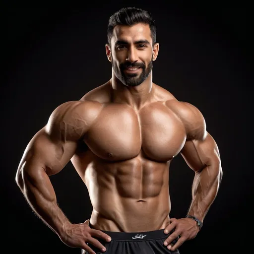 Prompt: ultra Photorealistic entire body image of an athletic muscular Arab male fitness model using the body of the image attached with short light beard, very detailed facial expression, kind looks and slightly smiling, short hair, in his mid 30's, hairy chest, hairy abs, hairy forearms, masculine, high quality, detailed muscles wearing black low briefs. Strong defined pectoral muscles, strong legs and strong calves. endomorph body constitution. 15% body fat.

The backdrop is a studio set in a dark background with lighting. Lens: 24mm. Type: wide-angle utilizing settings that promise a clear, yet softly blurred background—ƒ/1.4, 85mm focal length, with an exposure of 1/800 and ISO set at 200. Ensuring the subject remains the focal point. The lighting and composition should echo the quality and intention of a high quality professional portrait, blending authenticity and ultra high quality resolution. Angle: eye level.
