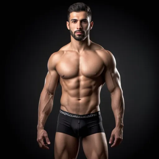 Prompt: Photorealistic image of the entire body from head to toes of an Arabic-Spaniard type male fitness hunk model with 9% body fat wearing tight black diver competition briefs, his body constitution is a ectomorph athletic body, detailed muscles, strong legs and strong calves, detailed facial features HDR, high-quality, kind slightly smle expression with light beard, dramatic lighting, high resolution, HDR lighting. 

The backdrop is a studio set in a dark background with dramatic lighting, captured as if through the lens of a professional camera, utilizing settings that promise a clear, yet softly blurred background—ƒ/1.4, 85mm focal length, with an exposure of 1/800 and ISO set at 200. Ensuring the subject remains the focal point. The lighting and composition should echo the quality and intention of a high quality professional portrait, blending authenticity and ultra high quality resolution.


