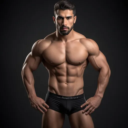 Prompt: Photorealistic image of the entire body from head to toes of an Arabic-Spaniard type male fitness hunk model with 9% body fat wearing tight black diver competition briefs, his body constitution is a mesomorph athletic body, detailed muscles, strong legs and strong calves, detailed facial features HDR, high-quality, kind slightly smle expression with light beard, dramatic lighting, high resolution, HDR lighting. 

The backdrop is a studio set in a dark background with dramatic lighting, captured as if through the lens of a professional camera, utilizing settings that promise a clear, yet softly blurred background—ƒ/1.4, 85mm focal length, with an exposure of 1/800 and ISO set at 200. Ensuring the subject remains the focal point. The lighting and composition should echo the quality and intention of a high quality professional portrait, blending authenticity and ultra high quality resolution.


