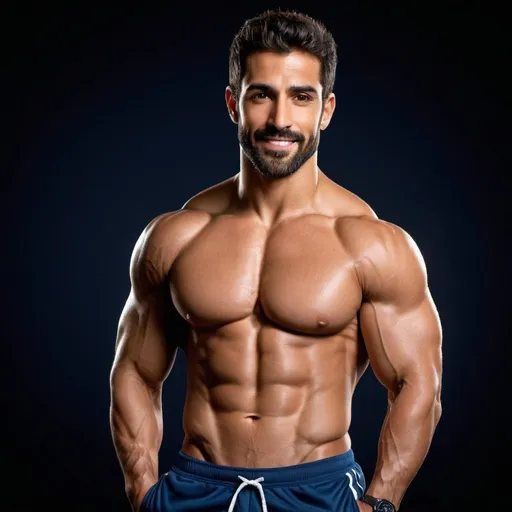 Prompt: Photorealistic image of handsome muscular Arab-Spanish male fitness model with short light beard, very detailed facial expression, kind looks and slightly smiling, short hair, light hairy body, in his early 30's, light hairy chest, light hairy abs, hairy forearms, masculine, high quality, detailed muscles wearing blue navy blue underwear. Strong pectoral muscles, strong legs and strong calves. Athletic body, mesomorph body constitution.

The backdrop is a studio set in a dark background with a dramatic lighting. Lens: 24mm. Type: wide-angle utilizing settings that promise a clear, yet softly blurred background—ƒ/1.4, 85mm focal length, with an exposure of 1/800 and ISO set at 200. Ensuring the subject remains the focal point. The lighting and composition should echo the quality and intention of a high quality professional portrait, blending authenticity and ultra high quality resolution. Angle: eye level. Filter: urban grunge. Time: night. 
