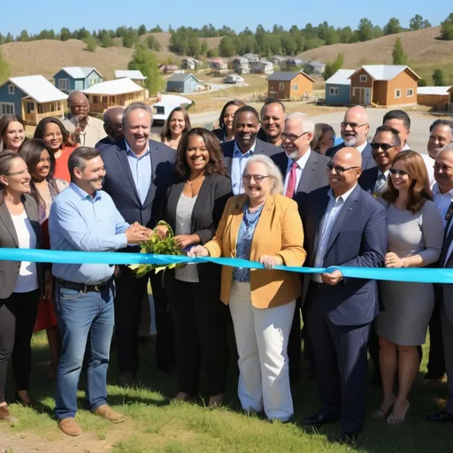 Prompt: city leaders thanking the community, (ribbon cutting ceremony), new tiny home community, (off-grid), (eco-friendly), bright sunshine on the horizon, joyful atmosphere, celebrating togetherness and progress, vibrant greenery surrounding the homes, community gathering, hopeful expressions, golden light illuminating the scene, clear blue sky, (highly detailed), (4K quality)