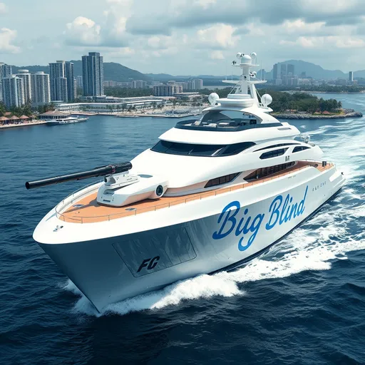 Prompt: Photograph of side of massive beautiful  white yacht sailing on the sea with a futuristic single barrel naval railgun mounted to the forward deck at the front of the boat facing forward and a smaller different second gun mounted to the higher aft deck near the top of the yacht, (yacht has the words "Big Blind" in blue cursive letters written on the side), tropical cyberpunk city port in the background, photorealistic, hyperrealistic, super detailed, trending on artstation, ultra detailed, ultra high quality