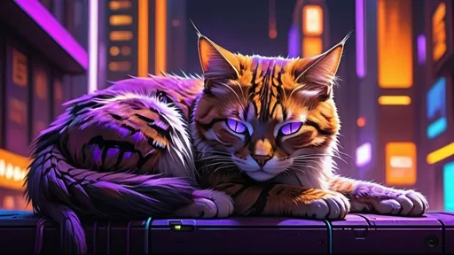 Prompt: two cybernetic cats napping, cyberpunk city 16:9 furry
orange and brown, purple background