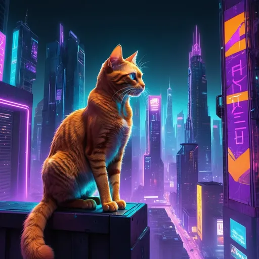 Prompt: (cyberpunk game style), orange cat perched on a skyscraper, neon-lit cityscape, vibrant purple, teal, and blue hues, intricate futuristic architecture, glowing signs and holograms, atmospheric and dynamic lighting, high contrast, and depth, capturing an energetic urban vibe, ultra-detailed, immersive scene, vivid digital rendering.