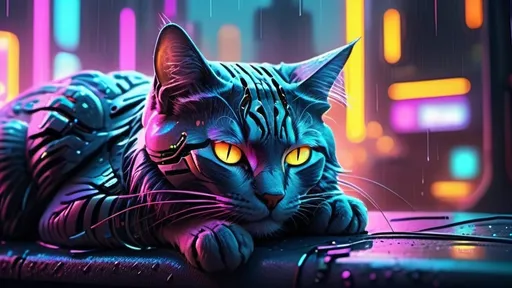 Prompt: cybernetic cat napping with other cats, cyberpunk city 16:9