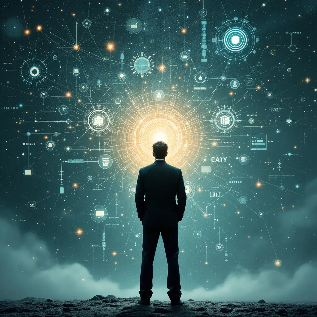 Prompt: A businessman is standing warrior-like amidst the vast number of AI tools he uses.
