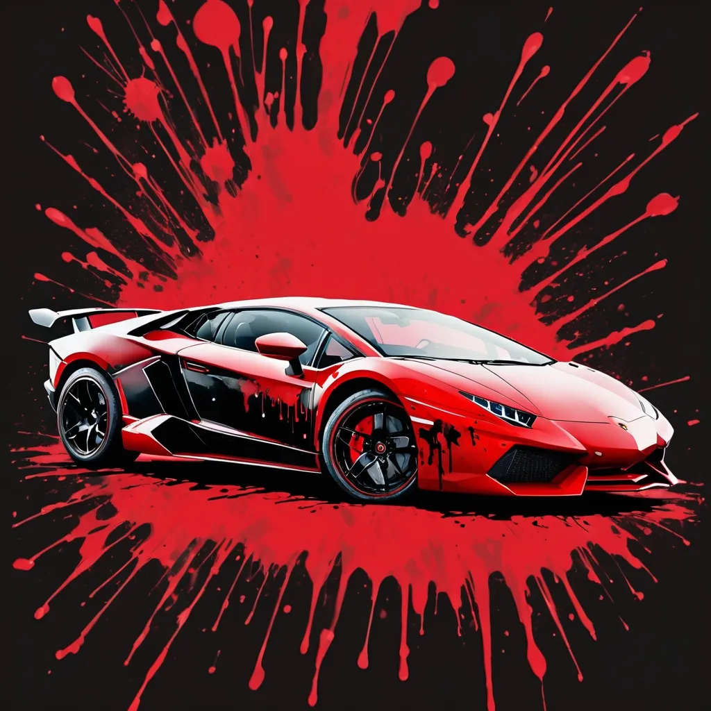 Prompt: digital watercolor painting, Lamborghini, paint splatter, black and red, bold brush strokes, art nouveau