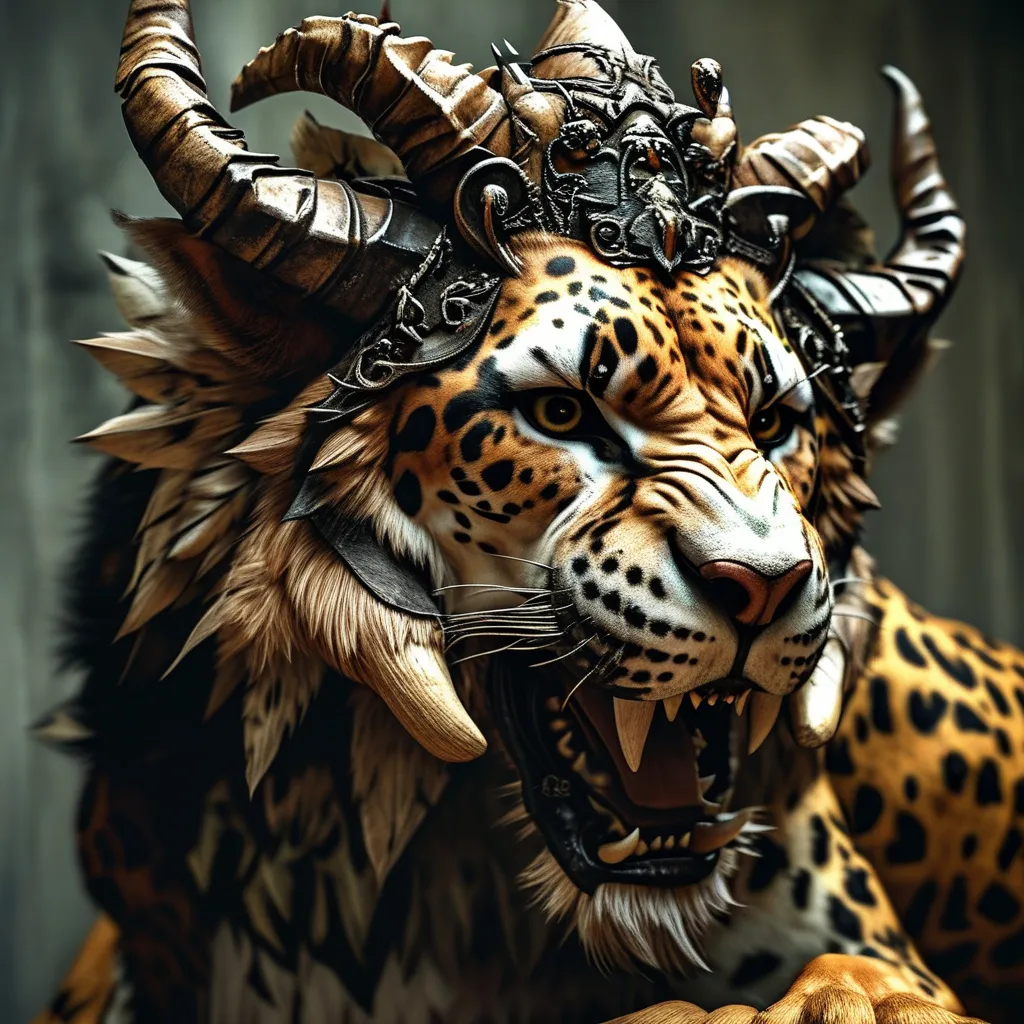 Prompt: The beast with seven heads, ten horns, and crowns on its horns. It also has the body of a leopard, with the feet of a bear and the mouth of a lion. 