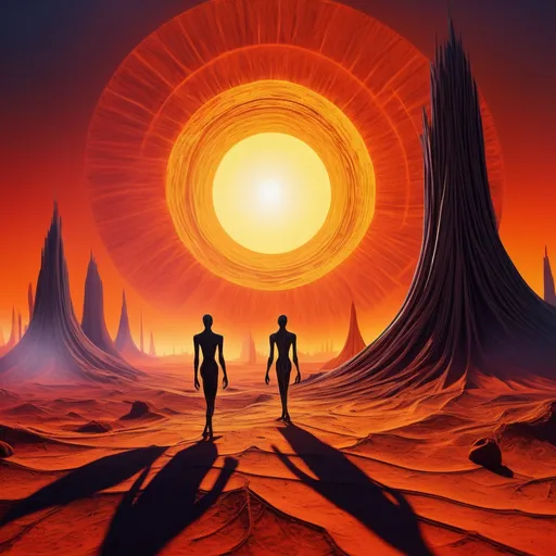 Prompt: (central concept: carbon people), otherworldly figures, embodying unique textures and spectral forms, illuminated by a burning sun, vibrant heat waves radiating outward, intense and vivid colors, surreal landscape filled with harsh shadows, emotion of struggle and resilience, high-definition ultra-detailed, dramatic atmospheric contrast.