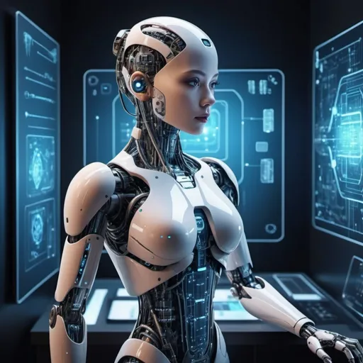 Prompt: High-quality futuristic AI in human interface living in the future world utilizing fuzzy logic by following a set of rules, advanced AI interface with fuzzy logic algorithms, modern design,  detailed circuitry patterns