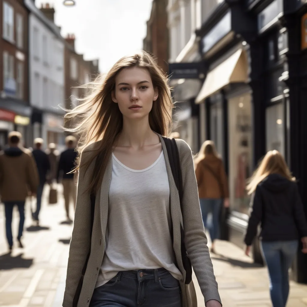 Prompt: Tall young woman walking down the high street, detailed clothing, realistic, natural lighting