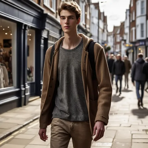 Prompt: Tall young Man walking down the high street, detailed clothing, realistic, natural lighting