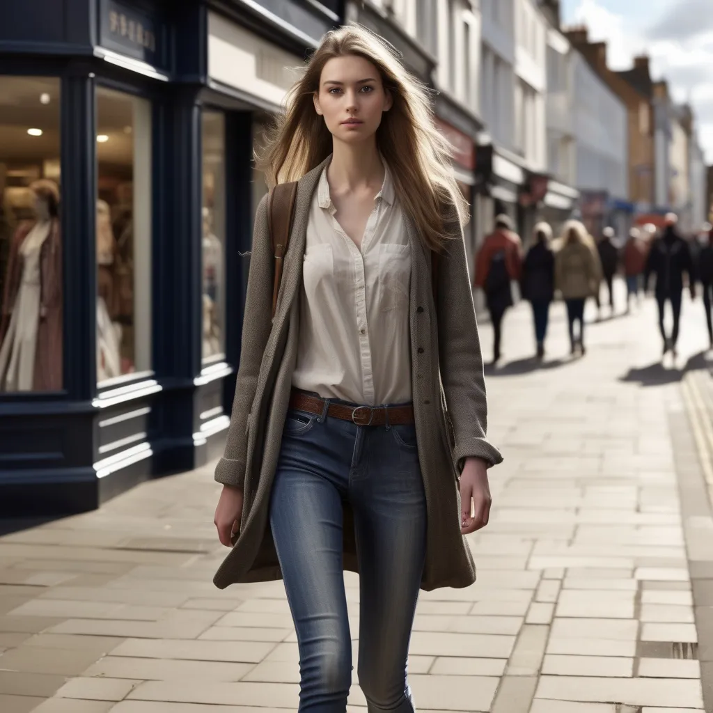 Prompt: Tall young woman walking down the high street, detailed clothing, realistic, natural lighting