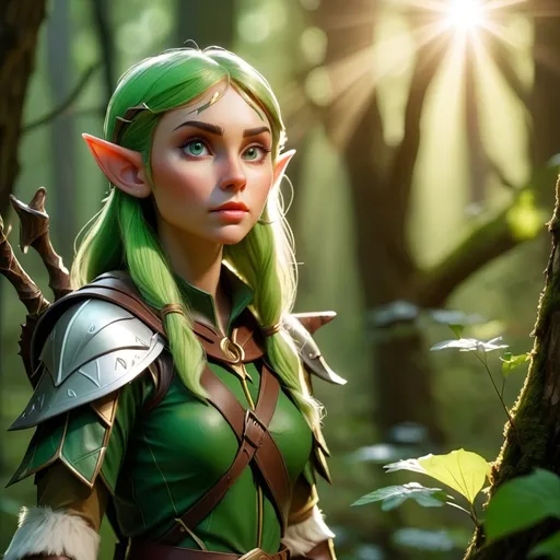 Prompt: Elf ranger in a mystical forest around sunlight