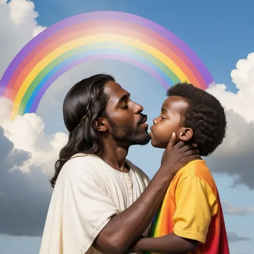 Prompt: Jesus kissing a black boy on a rainbow
