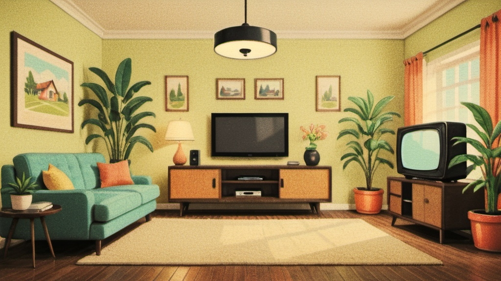 Prompt: (tv mount set from the front), (common living room), centrally located TV furniture, retro and cozy ambiance its a house from the 50's, a lush plant on the left, a stylish lamp on the right, decorative picture frames on the wall, filled with warm tones, inviting setting, ultra-detailed, 4K, high-quality interior design, inviting atmosphere, excellent layout showcasing the TV space prominently.