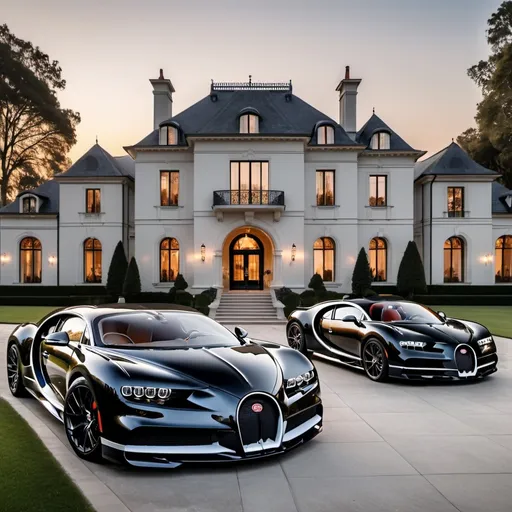 Prompt: 3 black mix with white Bugatti Chiron Super Sport 300+ parking next to each other in the massive yard of a massive and luxurious, opulent and modern mansion, the mansion is extremely massive, really spacious and inviting. The sun is setting.