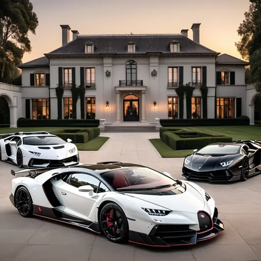 Prompt: 3 black mix with white Bugatti Chiron Super Sport 300+ and a Lamborghini Aventador SVJ and a Lamborghini Veneno parking next to each other in the massive yard of a massive and luxurious, opulent and modern mansion, the mansion is extremely massive, really spacious and inviting. The sun is setting.