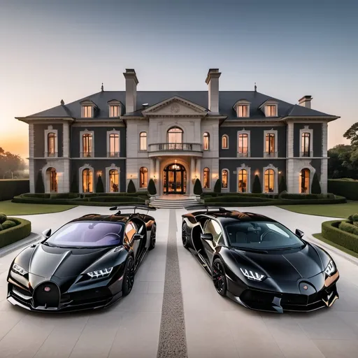 Prompt: 3 black mix with white Bugatti Chiron Super Sport 300+ and a Lamborghini Aventador SVJ parking next to each other in the massive yard of a massive and luxurious, opulent and modern mansion, the mansion is extremely massive, really spacious and inviting. The sun is setting.