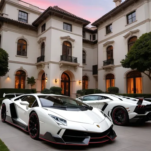 Prompt: (Lamborghini Veneno and Lamborghini Aventador SVJ and Bugatti Chirons), parked elegantly outside an opulent penthouse, (majestic architecture), sprawling yard, (luxurious setting), vibrant sunset reflecting off cars, rich colors, (ultra-detailed), high-end vehicles showcasing sleek designs and powerful stances, inviting atmosphere, (4K), emphasized luxury and grandeur. A lot of white and black supercars surrounding the property. All cars are Black mix with red, no other colors.