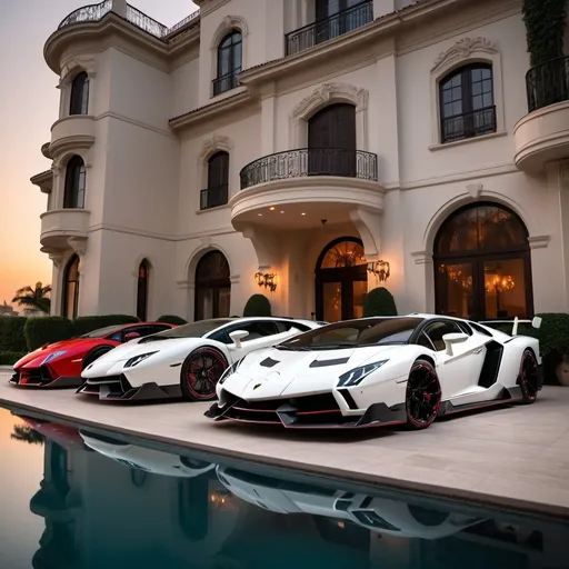 Prompt: (Lamborghini Veneno and Lamborghini Aventador SVJ and 2 Bugatti Chirons), parked elegantly outside an opulent penthouse, (majestic architecture), sprawling yard, shimmering pool, (luxurious setting), vibrant sunset reflecting off cars, rich colors, (ultra-detailed), high-end vehicles showcasing sleek designs and powerful stances, inviting atmosphere, (4K), emphasized luxury and grandeur. A lot of white and black supercars surrounding the property. All cars are Black mix with red, no other colors. Blood everywhere, dead bodies lying all over the place.