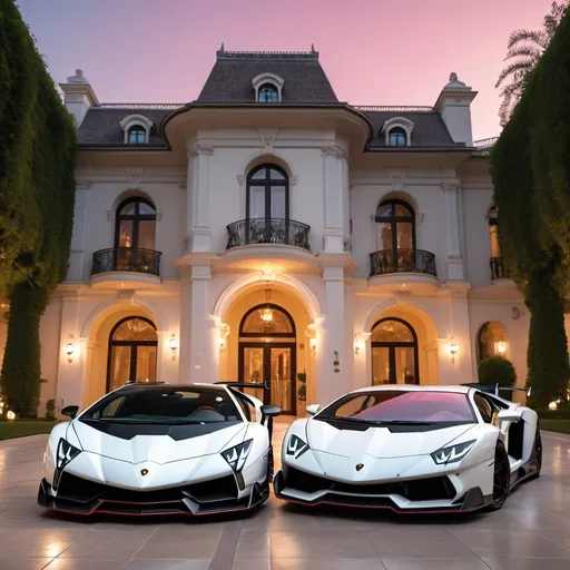 Prompt: (Lamborghini Veneno and Lamborghini Aventador SVJ and 2 Bugatti Chirons), parked elegantly outside an opulent penthouse, (majestic architecture), sprawling yard, shimmering pool, (luxurious setting), vibrant sunset reflecting off cars, rich colors, (ultra-detailed), high-end vehicles showcasing sleek designs and powerful stances, inviting atmosphere, (4K), emphasized luxury and grandeur. A lot of white and black supercars surrounding the property. All cars are Black mix with red, no other colors. Blood everywhere, dead bodies lying all over the place.