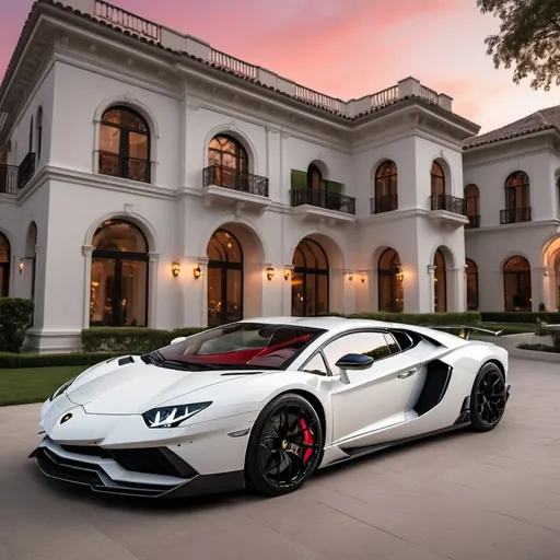 Prompt: ( Lamborghini Aventador SVJ and two white Bugatti Chiron), parked elegantly outside an opulent penthouse, (majestic architecture), sprawling yard, (luxurious setting), vibrant sunset reflecting off cars, rich colors, (ultra-detailed), high-end vehicles showcasing sleek designs and powerful stances, inviting atmosphere, (4K), emphasized luxury and grandeur. A lot of white and black supercars surrounding the property. All cars are black mix with red, no other colors.