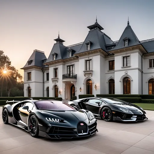 Prompt: 3 black, white Bugatti Chiron Super Sport 300+ and a Lamborghini Aventador SVJ and a Lamborghini Veneno parking next to each other in the massive yard of a massive and luxurious, opulent and modern mansion, the mansion is extremely massive, really spacious and inviting. The sun is setting.