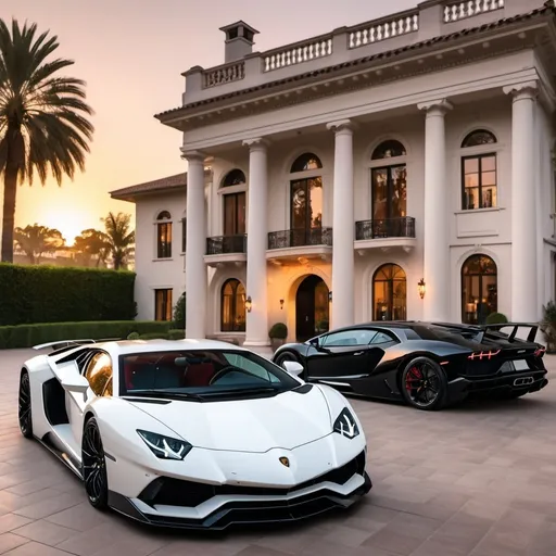 Prompt: ( Lamborghini Aventador SVJ and two white Bugatti Chiron), parked elegantly outside an opulent penthouse, (majestic architecture), sprawling yard, (luxurious setting), vibrant sunset reflecting off cars, rich colors, (ultra-detailed), high-end vehicles showcasing sleek designs and powerful stances, inviting atmosphere, (4K), emphasized luxury and grandeur. A lot of white and black supercars surrounding the property. All cars are black mix with red, no other colors.