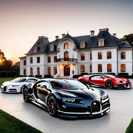 Prompt: Three black mix with white and black mix with red, white Bugatti Chiron Super Sport 300+ parking next to each other in the massive yard of a massive and luxurious, opulent and modern mansion, the mansion is extremely massive, really spacious and inviting. The sun is setting.