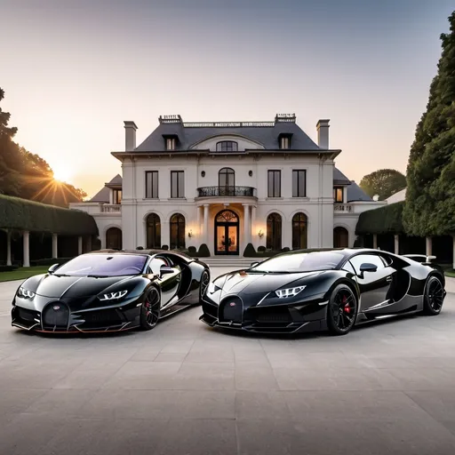 Prompt: 3 black mix with white Bugatti Chiron Super Sport 300+ and a Lamborghini Aventador SVJ parking next to each other in the massive yard of a massive and luxurious, opulent and modern mansion, the mansion is extremely massive, really spacious and inviting. The sun is setting.