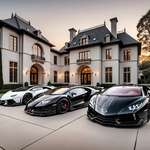 Prompt: 3 black mix with white Bugatti Chiron Super Sport 300+ and a Lamborghini Aventador SVJ and a Lamborghini Veneno parking next to each other in the massive yard of a massive and luxurious, opulent and modern mansion, the mansion is extremely massive, really spacious and inviting. The sun is setting. Quite crowded