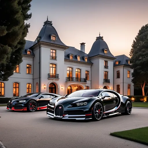 Prompt: 3 black mix with red, white Bugatti Chiron Super Sport 300+ parking next to each other in the massive yard of a massive and luxurious, opulent and modern mansion, the mansion is extremely massive, really spacious and inviting. The sun is setting.