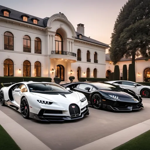 Prompt: 3 black, white Bugatti Chiron Super Sport 300+ and a Lamborghini Aventador SVJ and a Lamborghini Veneno parking next to each other in the massive yard of a massive and luxurious, opulent and modern mansion, the mansion is extremely massive, really spacious and inviting. The sun is setting.