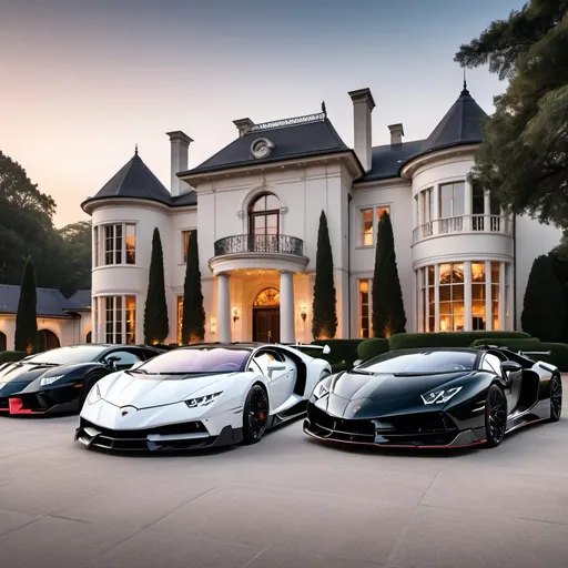 Prompt: 3 black mix with white Bugatti Chiron Super Sport 300+ and a Lamborghini Aventador SVJ and a Lamborghini Veneno parking next to each other in the massive yard of a massive and luxurious, opulent and modern mansion, the mansion is extremely massive, really spacious and inviting. The sun is setting.