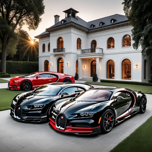 Prompt: Three black mix with white and black mix with red, white Bugatti Chiron Super Sport 300+ parking next to each other in the massive yard of a massive and luxurious, opulent and modern mansion, the mansion is extremely massive, really spacious and inviting. The sun is setting.