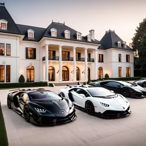 Prompt: 3 black mix with white Bugatti Chiron Super Sport 300+ and a Lamborghini Aventador SVJ and a Lamborghini Veneno parking next to each other in the massive yard of a massive and luxurious, opulent and modern mansion, the mansion is extremely massive, really spacious and inviting. The sun is setting. Quite crowded