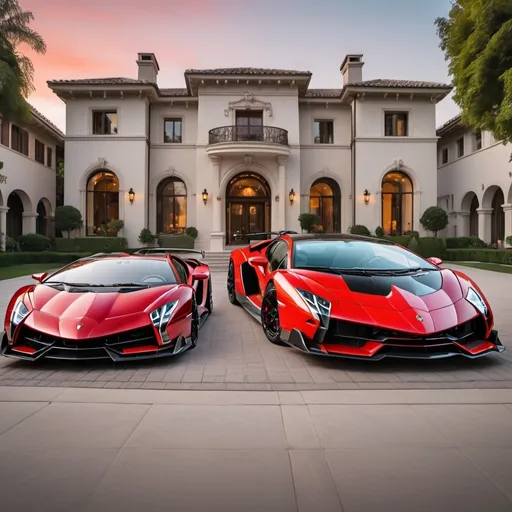 Prompt: (Lamborghini Veneno and Lamborghini Aventador SVJ and Bugatti Chirons), parked elegantly outside an opulent penthouse, (majestic architecture), sprawling yard, (luxurious setting), vibrant sunset reflecting off cars, rich colors, (ultra-detailed), high-end vehicles showcasing sleek designs and powerful stances, inviting atmosphere, (4K), emphasized luxury and grandeur. A lot of white and black supercars surrounding the property. All cars are Black mix with red, no other colors.