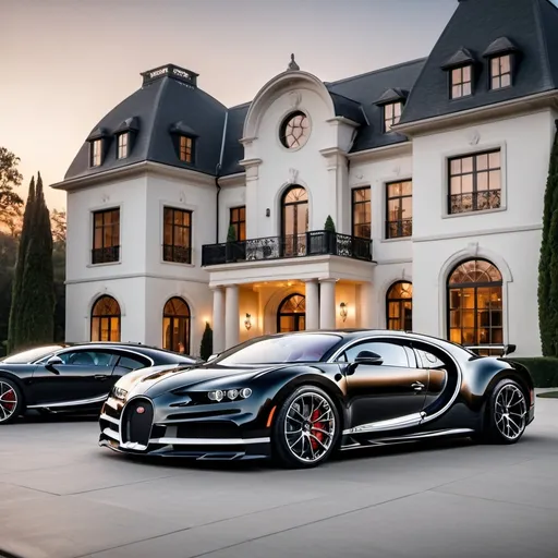 Prompt: 3 black mix with white Bugatti Chiron Super Sport 300+ parking next to each other in the massive yard of a massive and luxurious, opulent and modern mansion, the mansion is extremely massive, really spacious and inviting. The sun is setting.